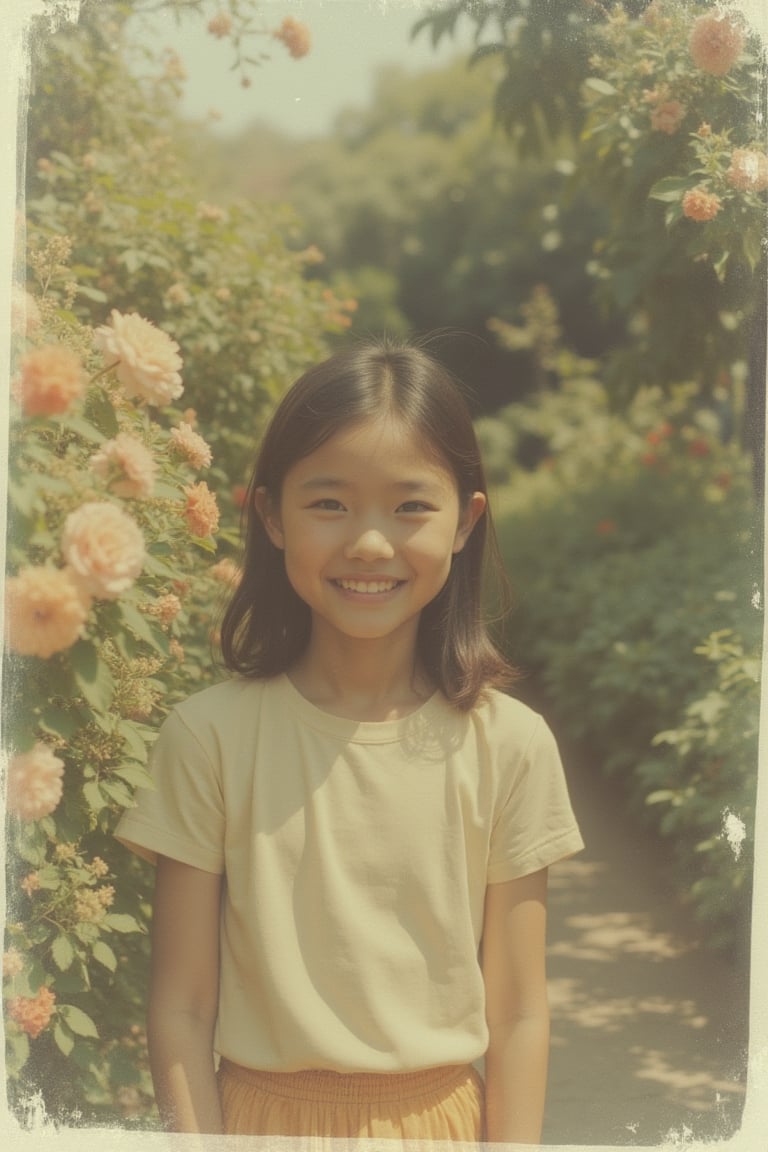 A cute Asian girl smiling warmly in casual wear, captured in a half medium shot within a lush garden. The Polaroid-style photo has a vintage, slightly grainy texture, with soft natural light highlighting her cheerful expression. She stands comfortably, dressed in a simple outfit, surrounded by vibrant greenery and blooming flowers. The composition centers on her, with the garden subtly framing her joyful presence.