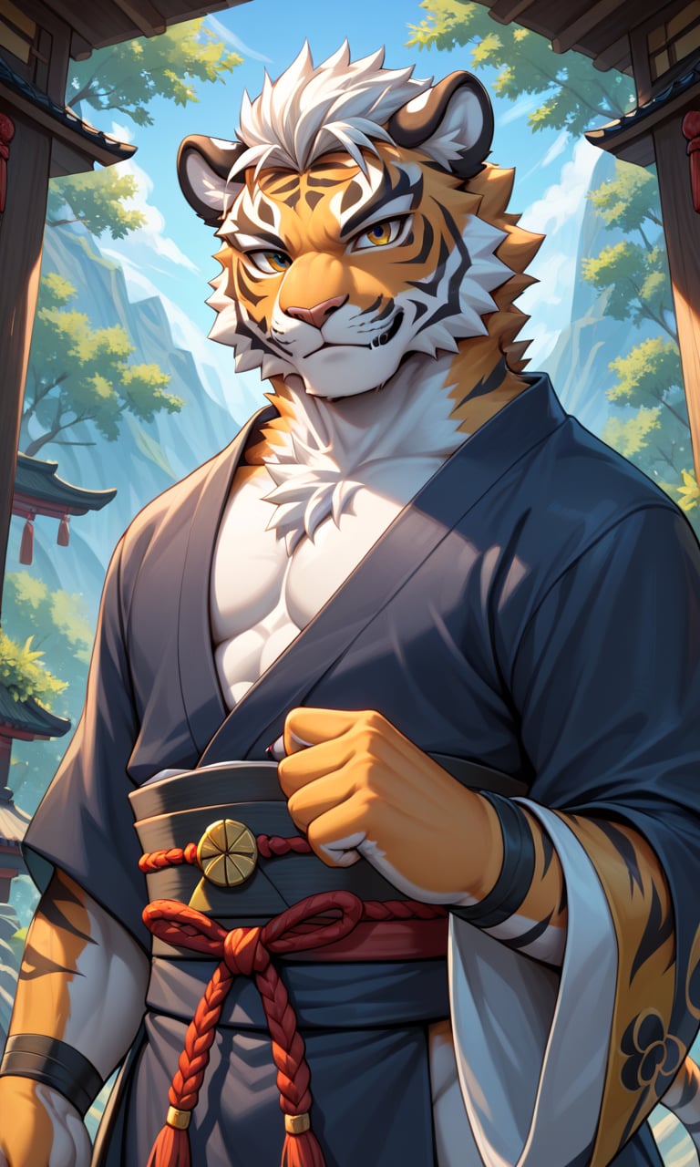 score_9, score_8_up, score_7_up, score_6_up, score_5_up, score_4_up, source_furry,BREAK,detailed face eyes and fur, 1 boy, solo, tiger boy, clothed, body fur, black pattern, white fur, detailed fluffy fur, looking at viewer, samurai style clothing, whole body