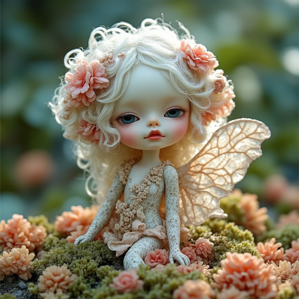 "Enchanted fairy-child with petal-like wings": A small, doll-like fairy with translucent wings resembling flower petals. Her soft, white hair is adorned with tiny blossoms, and she stands surrounded by blooming flowers in a tiny meadow, with a gentle glow enveloping her figure.