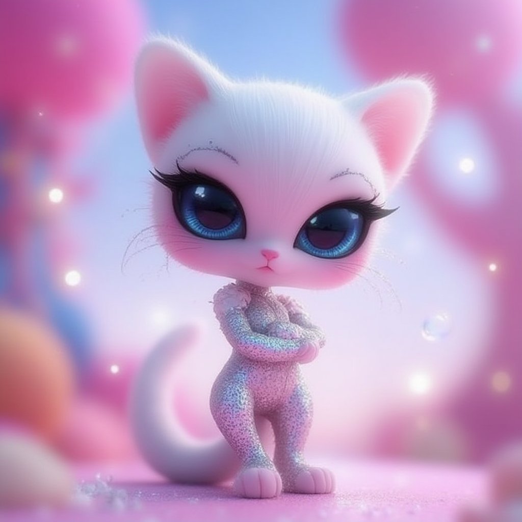 "Cute but fierce anthropomorphic cat character with soft white fur and delicate patterns on her face. She wears a shimmering bodysuit made of holographic material. The scene is set in a bright, candy-colored world with glowing trees and floating bubbles. Her large blue eyes reflect the vibrant atmosphere, and her long tail curls gently."