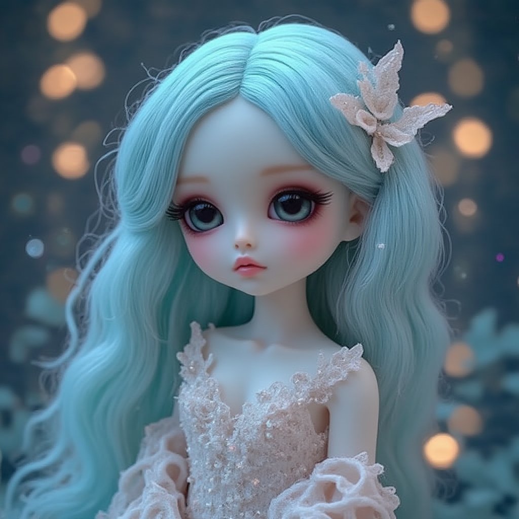 "A delicate figure with long, flowing pastel blue hair, wearing a soft velvet dress adorned with tiny crystals. The glowing orbs in the background create a magical, moonlit ambiance that illuminates her gentle expression and large, innocent eyes."