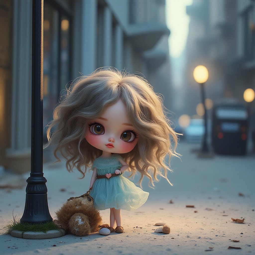 chibi style, "She leans against a lamppost on a quiet street corner, her flowing dress and hair catching the movement of a gentle breeze, and her expression is one of wistful longing as she watches the city unfold around her."