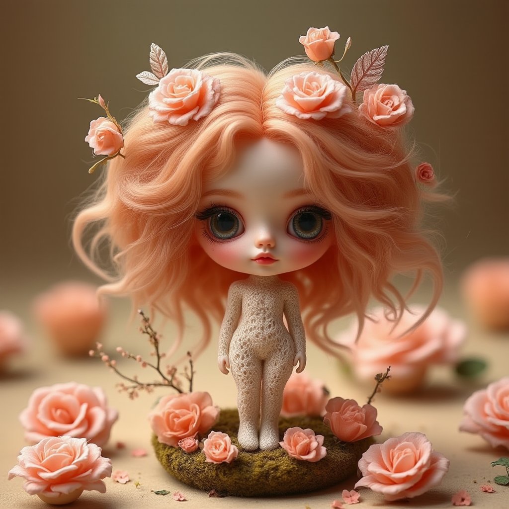 "Nature spirit emerging from a bed of roses": A tiny nature spirit with soft coral flowers growing from her hair and body, standing on a small patch of blooming roses. Her eyes are large and doll-like, and her body is covered in delicate, lace-like patterns resembling vines. The setting is warm and full of blooming life.