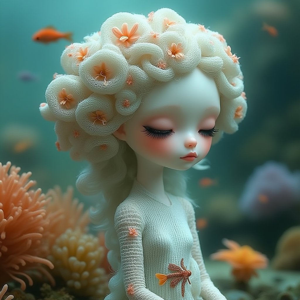 "A whimsical and otherworldly doll-like figure adorned with coral and sea-inspired textures, set in an ethereal, underwater garden. Her skin is smooth and pale, almost porcelain-like, with intricate coral-like growths emerging from her body. Delicate flowers and sea anemone textures cover her hair and body, blending seamlessly with her environment. The lighting is soft and dreamlike, highlighting her serene, enigmatic expression and the organic beauty of the surrounding corals. The background is a mystical, blurred underwater landscape with hints of aquatic life, creating a magical, immersive atmosphere. This delicate yet surreal figure feels like an enchanting being from a marine fairy tale."