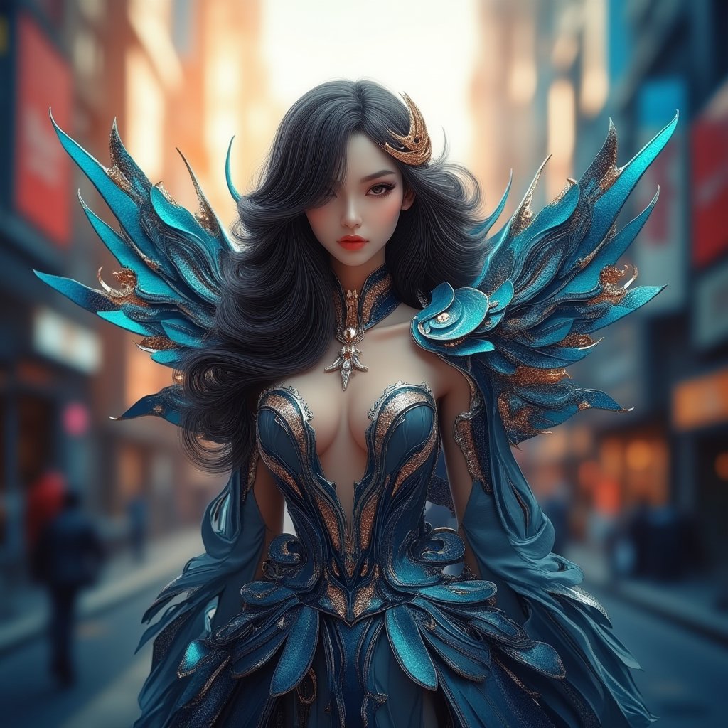 "A beautiful, elegant female character with intricate blue and gold armor inspired by fantasy elements. She has long, flowing black hair and regal, powerful wings that blend seamlessly into her outfit. Her wings are designed with shimmering, feather-like details, combining a metallic sheen with flowing fabric. The character stands tall and confident, her expression calm yet determined. The background is a bustling, futuristic city bathed in warm, soft light, with a slight blur to draw focus on her ethereal beauty."