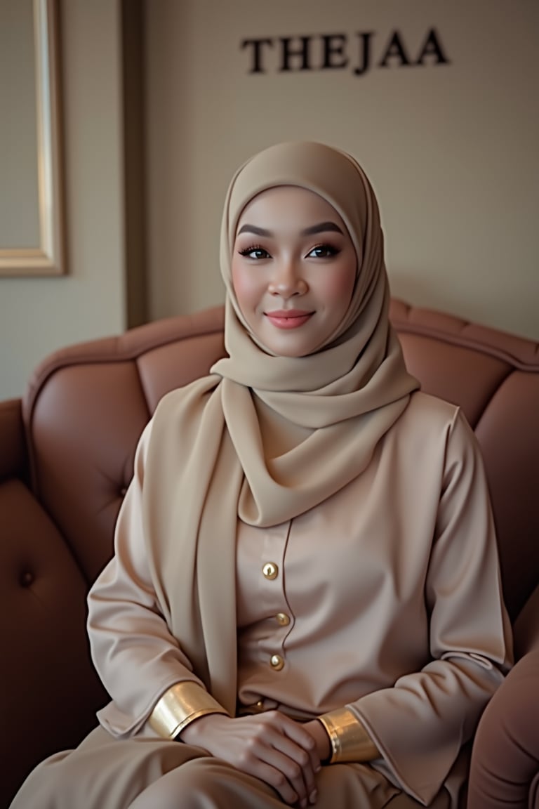 Capture a photo-realistic portrait of 'THEJAA', an elegant Malay Muslimah lady, in a highly detailed 8K frame. She sits politely on a velvet sofa, wearing a chiffon silk hijab and exuding elegance attire. Soft, diffused lighting creates a shallow depth of field, with the subject's face sharply focused. The full-length frame showcases her refined features and poise. In the background, the wall features the engraved name 'THEJAA' in high-contrast detail.