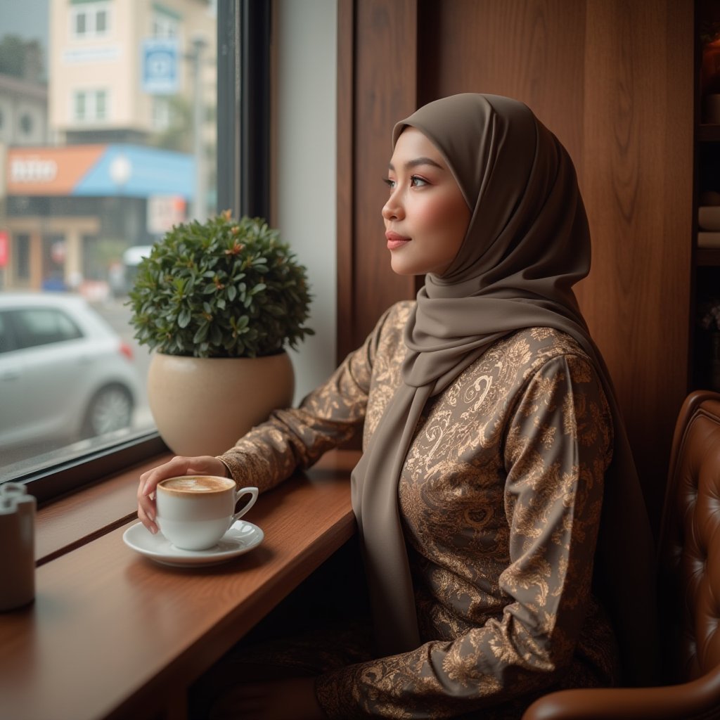 A stunning Muslim Malay woman sits elegantly in a cozy coffee cafe, surrounded by rich wood tones and soft lighting. She's dressed in exquisite traditional attire, her serene expression gazing thoughtfully out the window at the bustling cityscape or picturesque view beyond. Her cup of coffee rests delicately on the saucer as she savors the moment, embodying cultural charm and contemporary style.