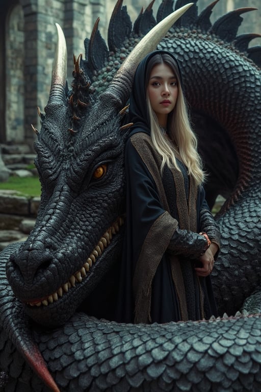 Here's a majestic image of a woman standing confidently in the middle of ancient city ruins built on a rugged cliffside at dawn's warm golden light. The camera shoots from a slightly low angle to emphasize grandeur, capturing the worn stone structures and the majestic dragon wrapped around her. The dragon's scales shimmer in green, bronze, and black hues with sharp horns and partially spread wings. The woman wears a loose black hooded shawl with red highlights, her dark brown eyes gazing into the distance behind long eyelashes as she stands firm against the ancient backdrop.