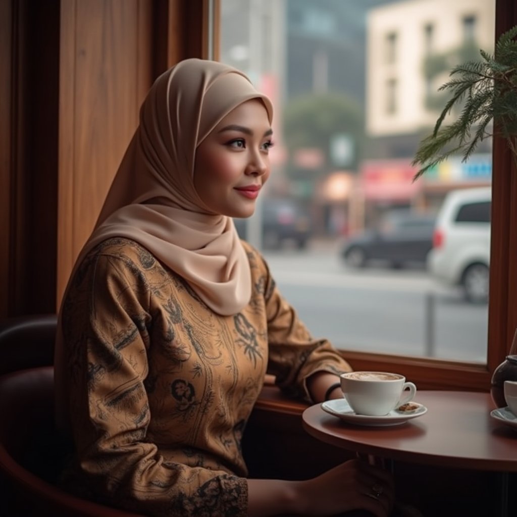 A stunning Muslim Malay woman sits elegantly in a cozy coffee cafe, surrounded by rich wood tones and soft lighting. She's dressed in exquisite traditional attire, her serene expression gazing thoughtfully out the window at the bustling cityscape or picturesque view beyond. Her cup of coffee rests delicately on the saucer as she savors the moment, embodying cultural charm and contemporary style.