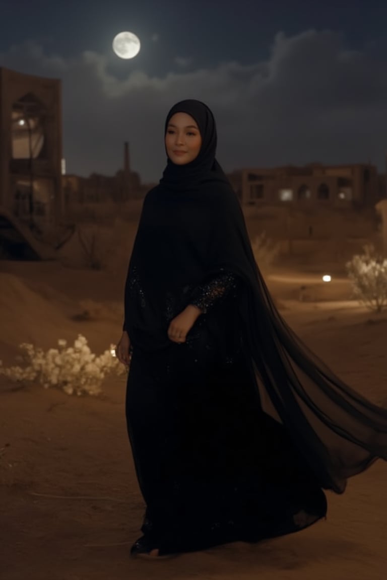 A breathtaking 8K shot of a ravishing woman donning an exquisite abaya, glides effortlessly across the moonlit desert landscape near an oasis, her long black shawl flowing behind her like night itself. Her luminous features, rendered with utmost realism, are set against the subtle arrangement of flowers, creating a striking contrast against the war-torn backdrop. The hyper-realistic lighting, achieved through octane rendering and ray tracing, casts a warm glow on her porcelain skin, while the depth of field focuses sharply on her eyes, yielding a dreamy bokeh effect around her. This artistic masterpiece showcases unparalleled realism, precision, and detail, as if gazing upon a living, breathing subject.