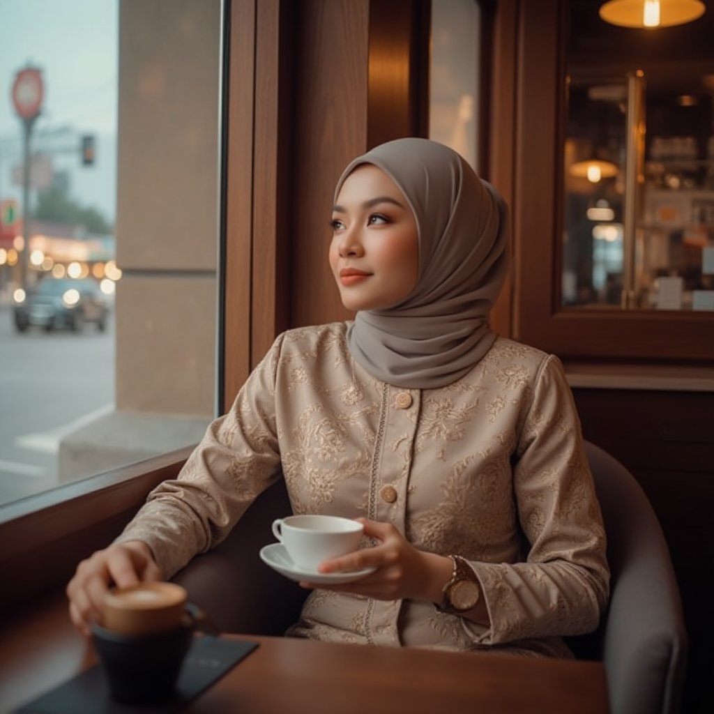 A stunning Muslim Malay woman, exuding elegance, sits poised in a cozy coffee cafe, surrounded by rich wood tones and soft lighting. She's dressed in exquisite traditional attire, her serene expression gazing thoughtfully out the window at the bustling cityscape or picturesque view beyond. Her cup of coffee rests delicately on the saucer as she savors the moment, embodying cultural charm and contemporary style.