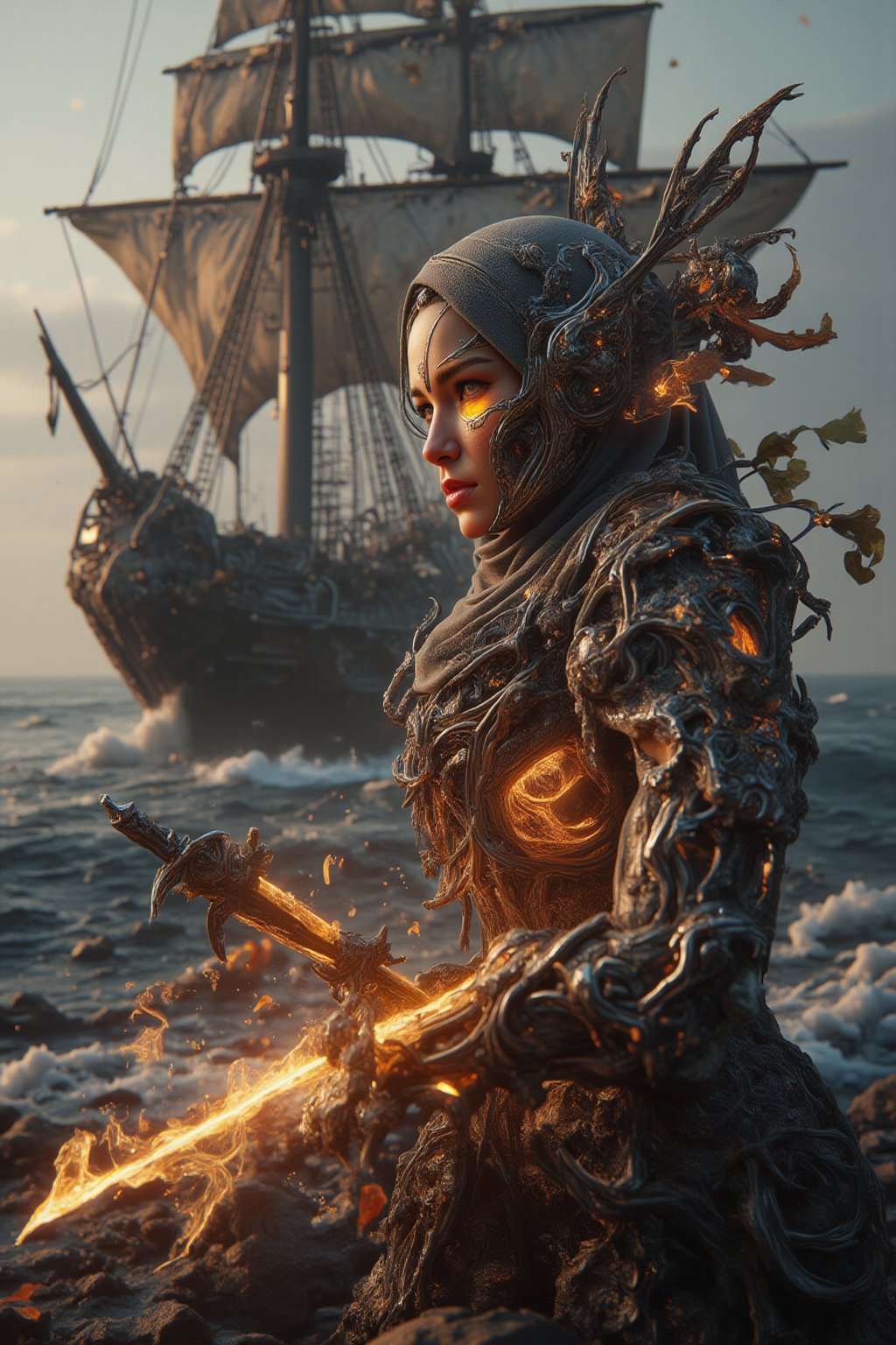 Cyborg Hijab standing confidently in a high-tech battleground, center-framed against a turbulent sea and a weathered pirate ship. The futuristic vessel looms large, its sails battered and worn from battle. She holds a flame sword surrounded by glowing ribbons and swirling leaves, with two crossed ornate swords behind her. Her face, extremely detailed and beautiful, glows amidst the swirling white smoke clouds. Dramatic lens flares pierce through the scene, casting sharp contrasts between light and shadow. Cinematic lighting illuminates the intricate armor design, glowing elements, and dynamic pose, evoking a post-apocalyptic vibe. Unreal Engine 5 brings this stunning 8K, high-detail world to life, with vibrant colors, soft focus, and ultra-smooth realism. The overall composition is dark, thunderous, and dreamlike, drawing the viewer into a mysterious and captivating world of danger and fantasy.