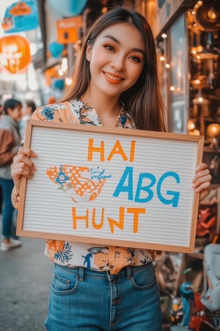 A vibrant shot of a Korean-looking woman holding a signboard with the text HAI ABG HUNT in playful, bold letters. She stands with a cheerful expression, one hand holding the board. The scene is set in a lively urban environment with colorful street art and bustling activity. The lighting is bright and dynamic, capturing the energy of the surroundings. The composition focuses on the woman and the signboard, with the text clearly visible.