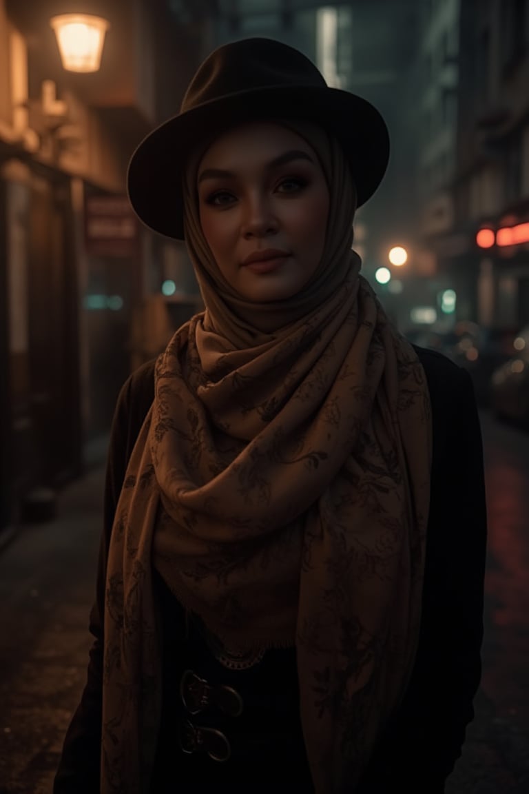 A mysterious siren emerges from the darkness, wrapped in a luxurious scarf and adorned with a fedora, her enigmatic gaze piercing through the veil of night. Framed against a backdrop of smoky alleys and rain-soaked streets, she exudes sophistication under the soft focus glow of a lone streetlamp, while dramatic shadows dance across her face, weaving a web of intrigue.