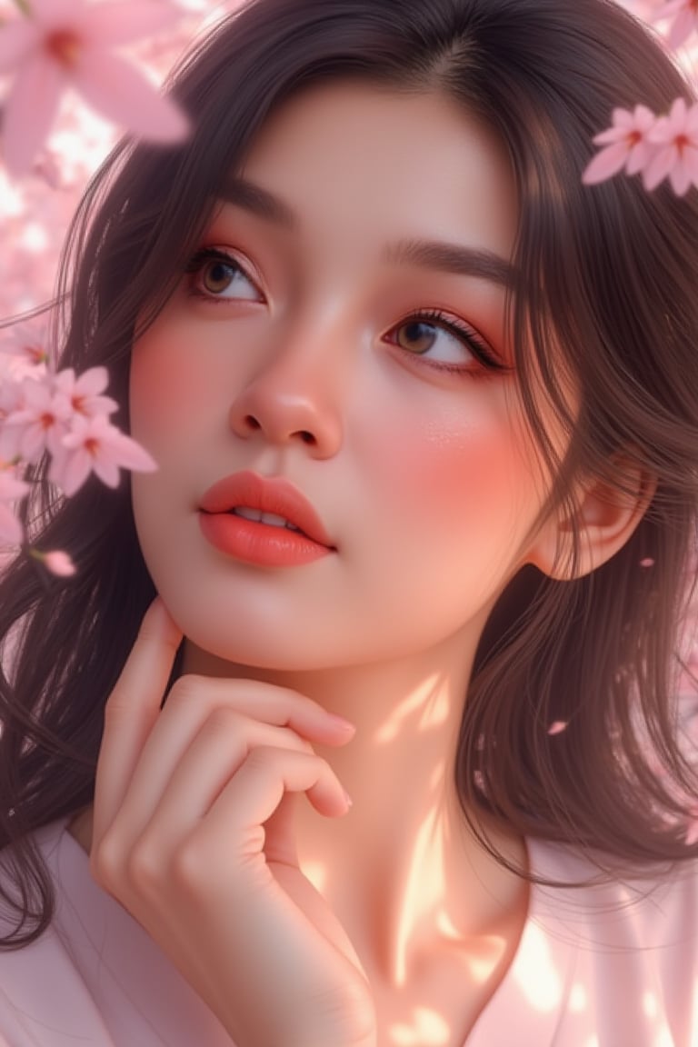 Shallow depth of field,a highly detailed digital painting of a young woman gazing softly into the distance, framed by delicate cherry blossoms. Her face is partially in shadow with dappled sunlight shining through the petals, highlighting the moisture on her skin, giving a fresh and natural look. Her soft, flowing dark hair is intertwined with blossoms. The art features a close-up portrait at a slight upward angle, emphasizing her ethereal, flawless complexion, deep reflective eyes, and subtle expression. The lighting creates a dreamy atmosphere with soft bokeh effects. The style is reminiscent of Ilya Kuvshinov's work, known for his beautifully stylized feminine portraits, blending realistic and anime-inspired aesthetics.