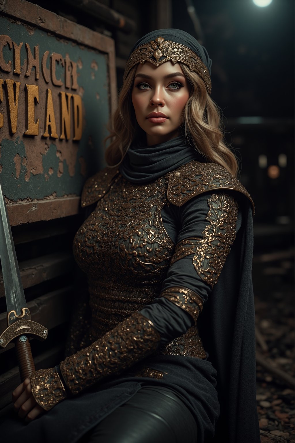 A lady warrior with dewy skin and a fabulous touch of makeup, wearing a Middle Eastern intricately decorated chainmail armour suit, is captured in a dynamic pose with unique intricate holding a massive sword with titanium and gold, sitting manly in some abandoned junk ship, a broken dark building of a pirate ship, a big broken board with the text big written "LOVEDALIN" (((correctly spelled)) in bold and 3D embossed font, low key style, analogue colours concept, A masterpiece, dark fantasy concept art, with dynamic lighting, hyperdetailed, intricately detailed, deep colour, volumetric lighting, HANSWORD23,
