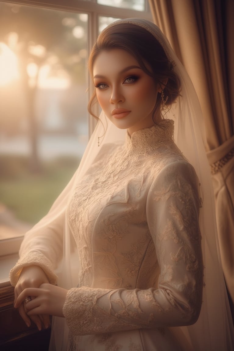 A serene and elegant woman poses majestically in front of a window, softly illuminated by natural light that highlights the contours of her face. Her loose updo features delicate tendrils gently caressing her cheeks, complementing the intricate lace detailing on her flowing dress. The warm glow casts a flattering light on her timeless beauty.