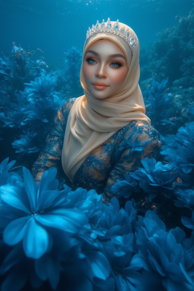 A serene underwater scene: A hijabi woman stands elegantly amidst a sea of blue-black flower petals, her porcelain skin glowing in the soft natural light. Sparkling eyes and a crystal tiara adorn her face, while her hair cascades like golden silk. She wears a stunning dress made from delicate petals, with fabulous makeup accentuating her gorgeous features. The camera captures every detail in high definition, 4K resolution. The subject poses regally, surrounded by the subtle glow of phosphorescent lighting and the vibrant blue sea, as if bathed in an ethereal light.