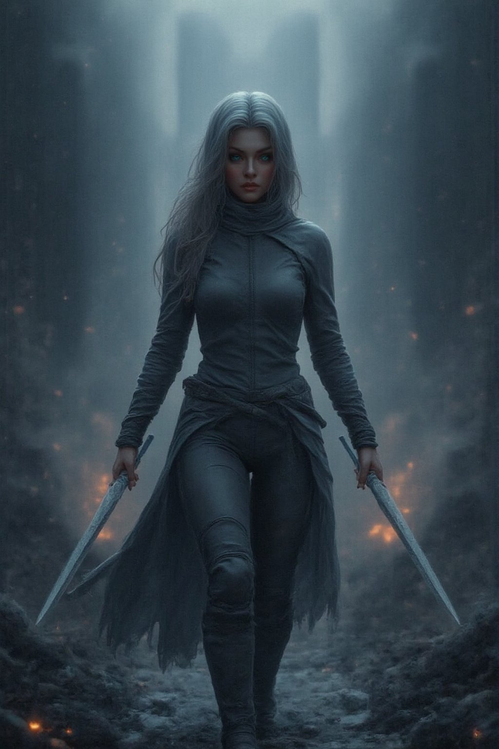 A medieval city's dark, cloudy veil shrouds the streets as a stunningly beautiful face, delicate yet fierce, is framed in a close-up portrait. Two massive blades, one in each hand, are wielded by this warrior maiden as she strides down the rubble-strewn street, smoke billowing around her. The pike of debris on either side adds to the dynamic, high-octane atmosphere. Every detail, from the sharp focus to the intricate textures, is rendered with maximum clarity, drawing the viewer's gaze into the heart of this medieval mayhem.