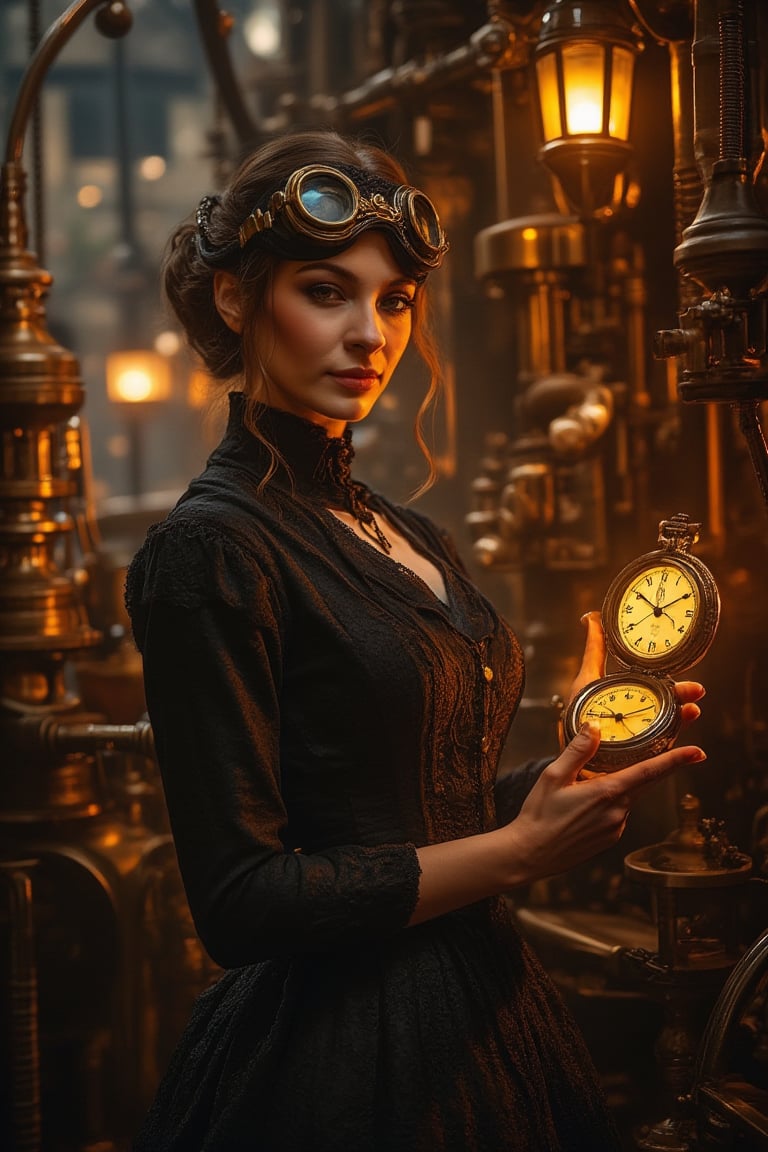 A warm, golden glow emanates from soft lanterns and ambient lighting, casting long shadows across intricate gears and brass machinery that surround a Victorian-era woman. Dressed in corset and goggles, she holds a delicate pocket watch, her figure centered amidst the steam-powered contraptions and steam engine hum of the background. Framed by the detailed environment, her pose exudes elegance amidst the industrial backdrop.