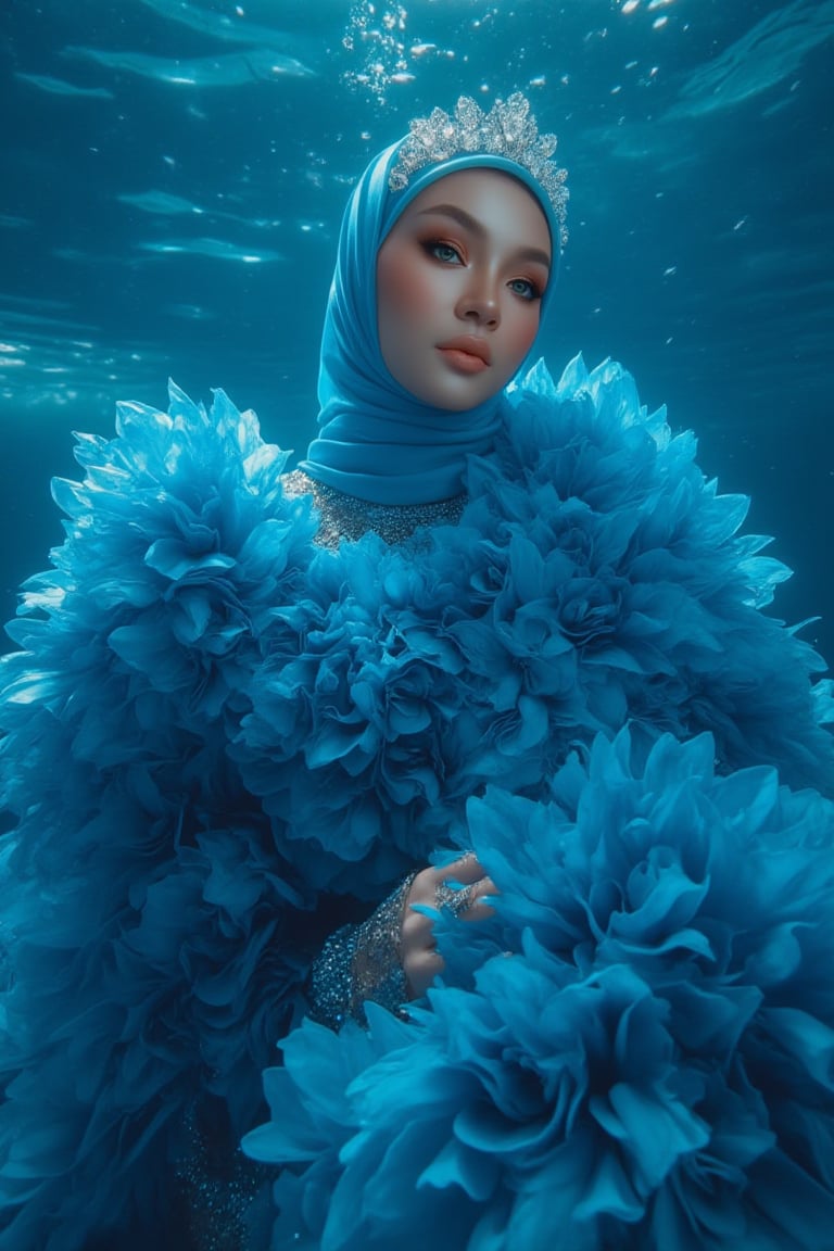 A serene underwater scene: A hijabi woman stands elegantly amidst a sea of blue-black flower petals, her porcelain skin glowing in the soft natural light. Sparkling eyes and a crystal tiara adorn her face, while her hair cascades like golden silk. She wears a stunning dress made from delicate petals, with fabulous makeup accentuating her gorgeous features. The camera captures every detail in high definition, 4K resolution. The subject poses regally, surrounded by the subtle glow of phosphorescent lighting and the vibrant blue sea, as if bathed in an ethereal light.