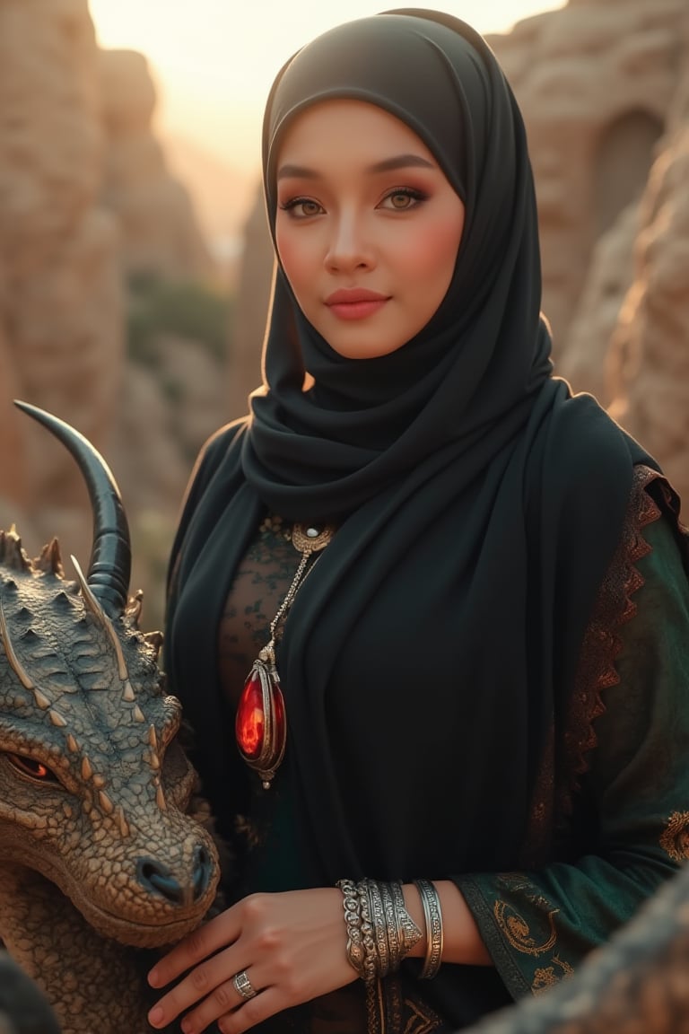 A majestic shot of a young woman standing confidently amidst ancient city ruins built into rugged cliffs. Her loose black hijab shawl with subtle red highlights glistens in the warm golden light of dawn. Dark brown eyes with long eyelashes seem to gaze into the distance, while her relaxed yet strong posture exudes strength. Her left hand rests on a dragon's textured scales, its deep amber eyes watching vigilantly. The dragon's shimmering scales glimmer in hues of green, bronze, and black, with sharp curved horns and partially unfurled wings adding an air of majesty. A silver bracelet adorned with ancient runes wraps around her wrist, complemented by a glowing gemstone pendant around her neck. The camera captures the scene from a slightly low angle, emphasizing the epic grandeur of this stunning tableau.