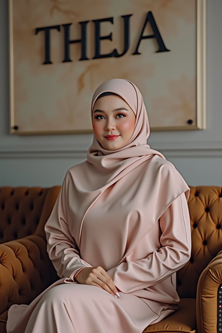 Capture a photo-realistic portrait of 'THEJAA', an elegant Malay Muslimah lady, in a highly detailed 8K frame. She sits politely on a velvet sofa, wearing a chiffon silk hijab and exuding elegance attire. Soft, diffused lighting creates a shallow depth of field, with the subject's face sharply focused. The full-length frame showcases her refined features and poise. In the background, the wall features the engraved name 'THEJAA' in high-contrast detail.