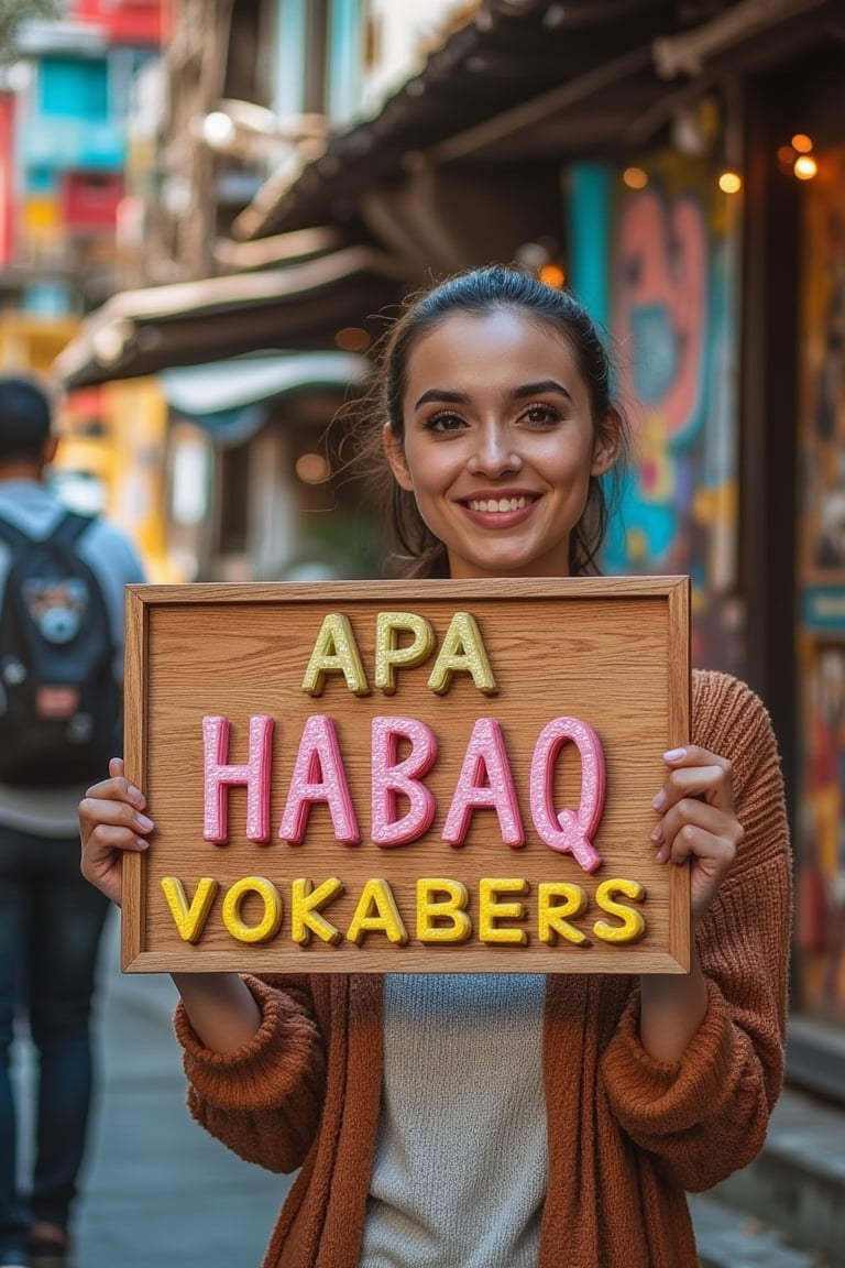 A dynamic shot captures a vibrant Malay-looked woman standing amidst a lively urban backdrop of colorful street art and bustling activity. She holds a signboard with playful, bold letters reading APA HABAQ VOKABERS in one hand, her cheerful expression radiating energy. Bright, vivid lighting highlights the scene's vibrancy, focusing on the woman and the eye-catching signboard with its clear, readable text.