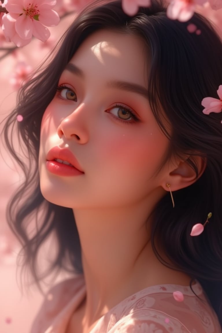 Shallow depth of field,a highly detailed digital painting of a young woman gazing softly into the distance, framed by delicate cherry blossoms. Her face is partially in shadow with dappled sunlight shining through the petals, highlighting the moisture on her skin, giving a fresh and natural look. Her soft, flowing dark hair is intertwined with blossoms. The art features a close-up portrait at a slight upward angle, emphasizing her ethereal, flawless complexion, deep reflective eyes, and subtle expression. The lighting creates a dreamy atmosphere with soft bokeh effects. The style is reminiscent of Ilya Kuvshinov's work, known for his beautifully stylized feminine portraits, blending realistic and anime-inspired aesthetics.