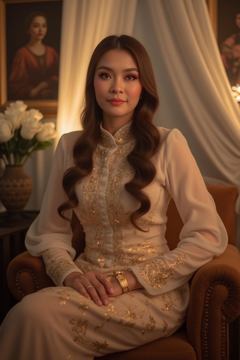 A serene Malay woman sits majestically in a softly lit interior, surrounded by warm luminescence that highlights the intricate embroidery on her kebaya. Her long, flowing hair and flawless makeup gleam in the gentle glow, as she holds a delicate handbag with gold trimmings. Beneath a diaphanous silk curtain, classic portraits and white roses subtly blur into the background, adding depth to her regal composure. The muted color palette creates a timeless atmosphere around her tranquil beauty.