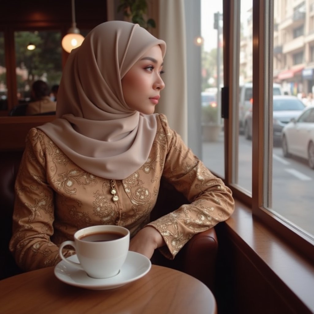 A stunning Muslim Malay woman sits elegantly in a cozy coffee cafe, surrounded by rich wood tones and soft lighting. She's dressed in exquisite traditional attire, her serene expression gazing thoughtfully out the window at the bustling cityscape or picturesque view beyond. Her cup of coffee rests delicately on the saucer as she savors the moment, embodying cultural charm and contemporary style.