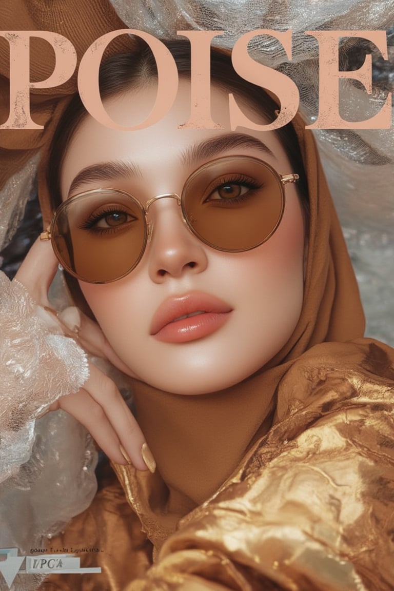 captivating magazine photo cover for POISE featuring a stunning Malay woman wearing casual wear. Close-up shot of her face, with stylish brown shades adding a modern touch. Soft natural lighting, highlighting her confident expression and casual attire. The composition is balanced, with her eyes looking directly at the camera. The background is subtle, focusing attention on his stylish look and confident demeanor.