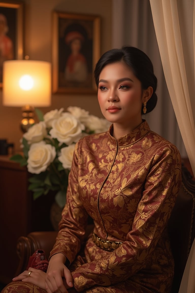 A serene Malay woman sits majestically in a warmly lit interior, softly illuminated by a single source. Her songket-adorned kebaya catches the gentle glow, refracting subtle hues across her porcelain skin. Dark hair styled in an updo, she exudes elegance with flawless makeup and defined eyebrows. A small handbag with gold accents rests beside her, seated beneath a sheer silk curtain filtering the soft light. In the blurred background, classic portraits and white roses create a subtle contrast, underscoring her dignified poise. The rich yet muted color palette harmonizes around her timeless beauty, exuding serenity and sophistication.