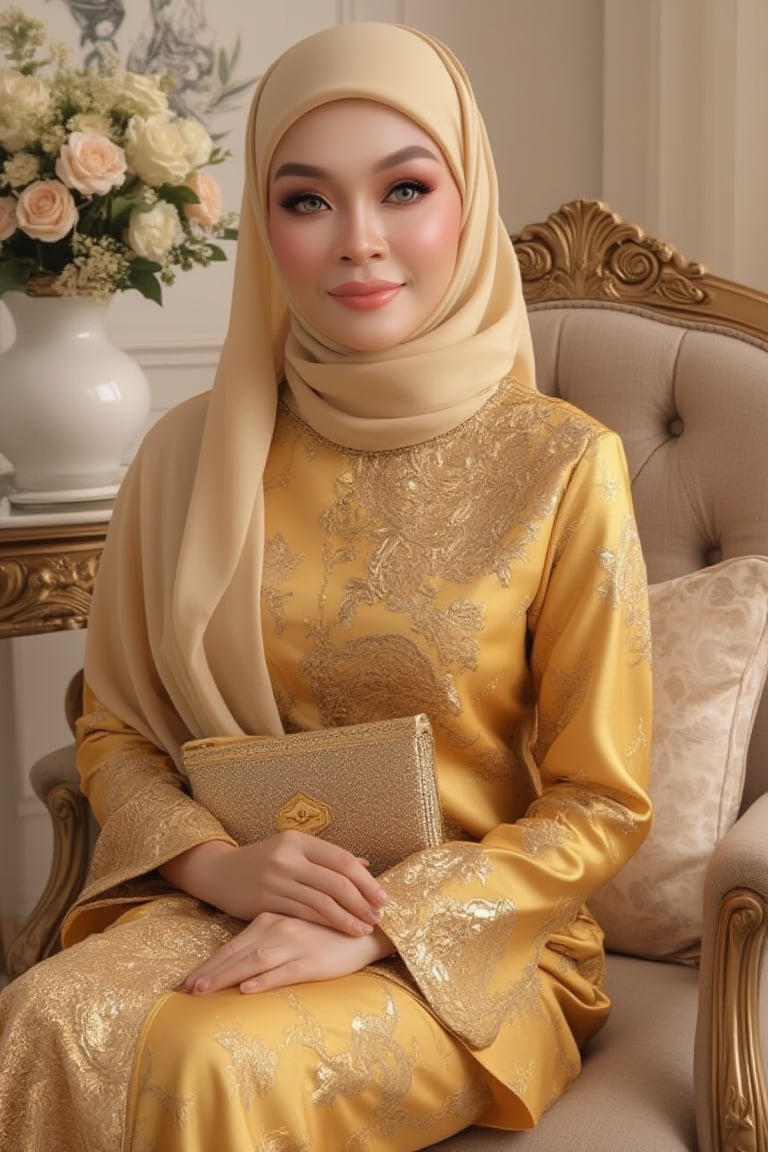 Hyperrealistic portrait of a hijab woman donning a majestic yellow and gold baju kurung melayu, shoulder veil draped elegantly over one shoulder, holds a purse and bouquet amidst a lavish setting. Softly lit, the scene is set against a classic table adorned with a white vase overflowing with flowers. The subject's flawless skin and striking makeup are rendered in photorealistic detail, exuding an air of sophistication and refinement. Framed by ornate gold accents, the subject sits confidently, her yellow and gold attire radiating warmth amidst the soft pastel hues of the setting.