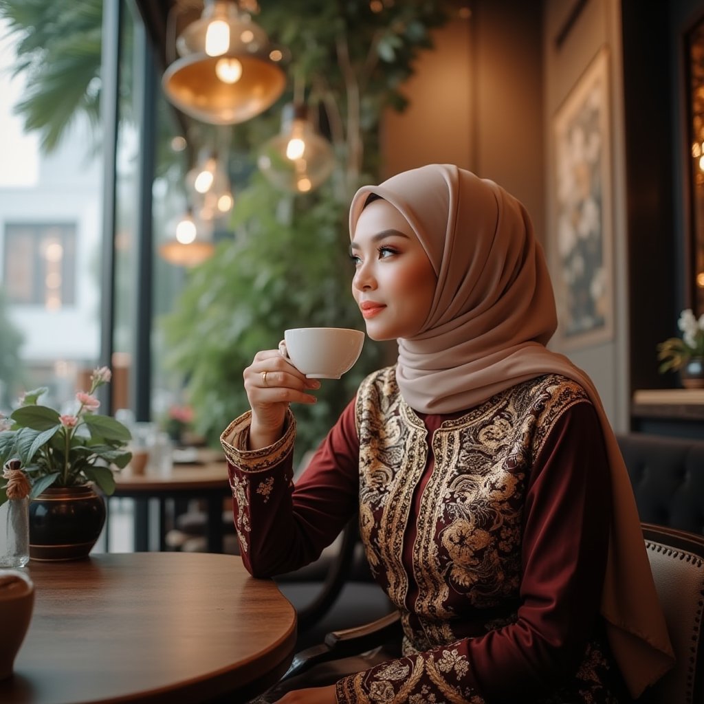 A stunning Muslim Malay woman seated in a stylish coffee cafe, surrounded by elegant decor and soft lighting. She wears exquisite traditional attire, exuding elegance as she sips her coffee, lost in thought while gazing out at the vibrant cityscape or serene garden view through the window. Her serene expression captures a perfect blend of cultural heritage and contemporary poise.