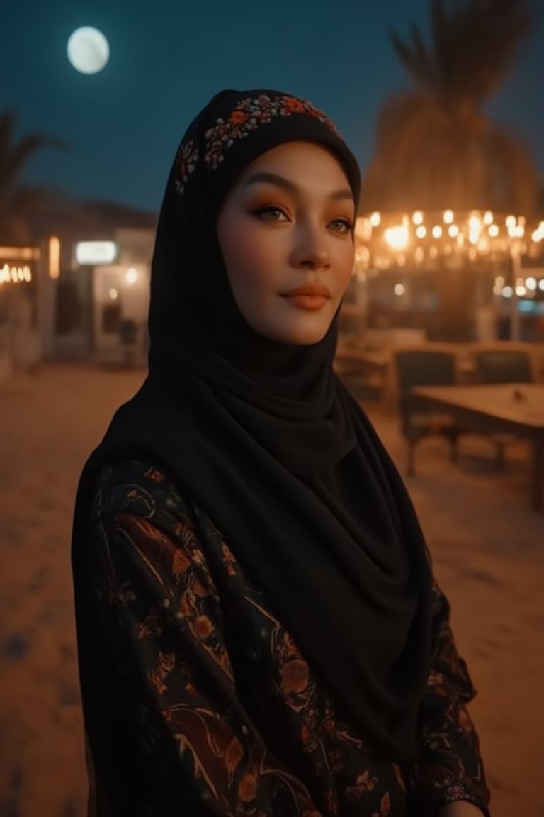 A majestic full-body shot of a ravishing woman donning an exquisite abaya, glides effortlessly through a desert night near an oasis bathed in soft, lunar radiance. Long, luscious black tresses cascade down her back, while delicate facial features and realistic skin texture evoke serenity. A delicate arrangement of flowers at the back of her head creates a captivating contrast against the war-torn terrain. The image boasts hyper-realistic lighting with octane rendering, employing ray tracing for an unparalleled level of realism. Depth of field sharpens focus on her enigmatic eyes, producing a hypnotic bokeh effect around her. Rendered in 8K resolution, this masterpiece showcases super-fine details, correct anatomy, and luminous illumination.