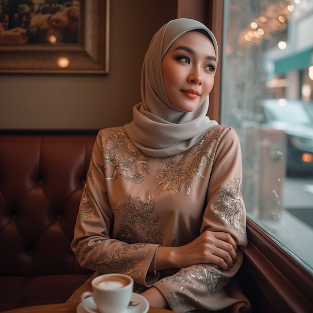 A stunning Muslim Malay woman sits elegantly in a cozy coffee cafe, surrounded by rich wood tones and soft lighting. She's dressed in exquisite traditional attire, her serene expression gazing thoughtfully out the window at the bustling cityscape or picturesque view beyond. Her cup of coffee rests delicately on the saucer as she savors the moment, embodying cultural charm and contemporary style.