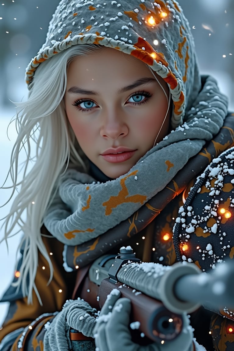 A close-up portrait captures the fierce gaze of a young warrior, her flowing white hair contrasting with the weathered winter cloak and armor that seems to be on fire, embers burning through the fabric. Soft ambient light highlights her intense expression, charred hood, and piercing stare as she grips a worn rifle, metal scarred from battle. The icy snow around her serves as a backdrop, while the vibrant colors of her clothing and the weapon create a striking contrast.,ladykop27