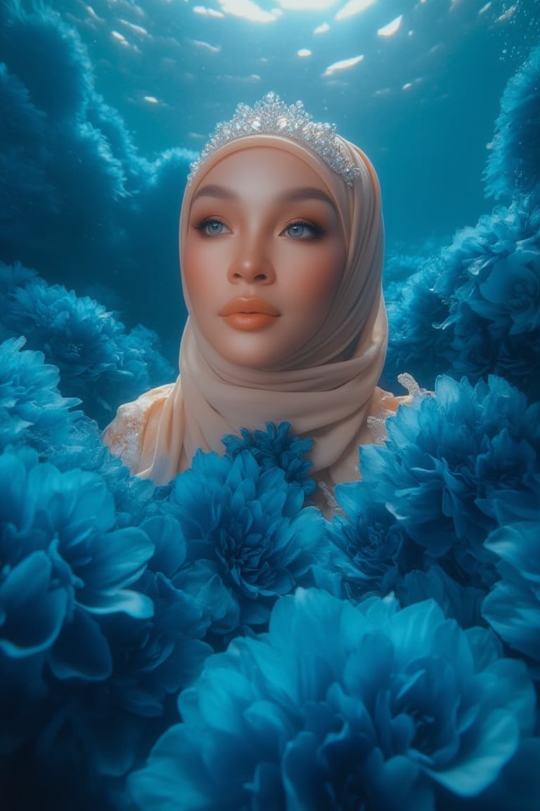 A serene underwater scene: A hijabi woman stands elegantly amidst a sea of blue-black flower petals, her porcelain skin glowing in the soft natural light. Sparkling eyes and a crystal tiara adorn her face, while her hair cascades like golden silk. She wears a stunning dress made from delicate petals, with fabulous makeup accentuating her gorgeous features. The camera captures every detail in high definition, 4K resolution. The subject poses regally, surrounded by the subtle glow of phosphorescent lighting and the vibrant blue sea, as if bathed in an ethereal light.