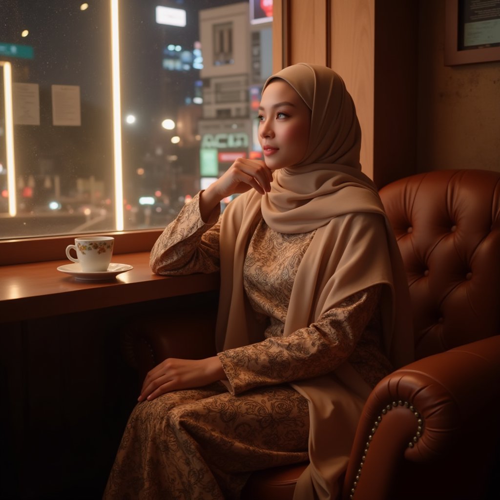 A warm glow illuminates the cozy coffee cafe, where a stunning Muslim Malay woman sits majestically amidst rich wood tones. She wears exquisite traditional attire, her serene expression gazing thoughtfully out the window at the vibrant cityscape or picturesque view beyond, as she sips her coffee from a delicate cup resting on a saucer, embodying cultural charm and contemporary style.