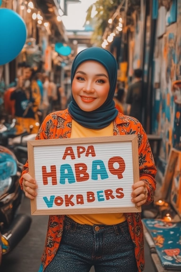 A dynamic shot captures a vibrant Malay-looked woman standing amidst a lively urban backdrop of colorful street art and bustling activity. She holds a signboard with playful, bold letters reading APA HABAQ VOKABERS in one hand, her cheerful expression radiating energy. Bright, vivid lighting highlights the scene's vibrancy, focusing on the woman and the eye-catching signboard with its clear, readable text.