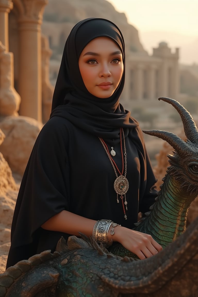 A majestic shot of a young woman standing confidently amidst ancient city ruins built into rugged cliffs. Her loose black hijab shawl with subtle red highlights glistens in the warm golden light of dawn. Dark brown eyes with long eyelashes seem to gaze into the distance, while her relaxed yet strong posture exudes strength. Her left hand rests on a dragon's textured scales, its deep amber eyes watching vigilantly. The dragon's shimmering scales glimmer in hues of green, bronze, and black, with sharp curved horns and partially unfurled wings adding an air of majesty. A silver bracelet adorned with ancient runes wraps around her wrist, complemented by a glowing gemstone pendant around her neck. The camera captures the scene from a slightly low angle, emphasizing the epic grandeur of this stunning tableau.