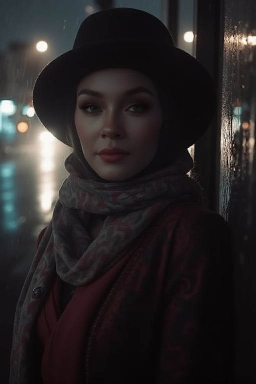 A sultry woman adorned with a stylish scarf and fedora poses languidly against a rain-soaked city street at dusk. The noir-inspired photography captures her enigmatic presence amidst the darkness, where deep shadows dance across her porcelain skin. Soft focus and dramatic contrast evoke a sense of mystery, as she gazes out into the misty night air.