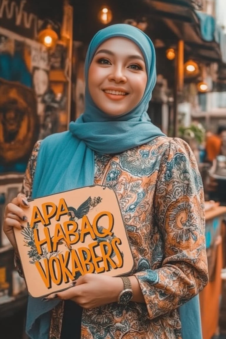 A dynamic shot captures a vibrant Malay-looked woman standing amidst a lively urban backdrop of colorful street art and bustling activity. She holds a signboard with playful, bold letters reading APA HABAQ VOKABERS in one hand, her cheerful expression radiating energy. Bright, vivid lighting highlights the scene's vibrancy, focusing on the woman and the eye-catching signboard with its clear, readable text.