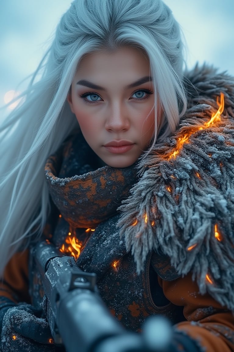 A close-up portrait of a fierce female warrior dominates the frame, her striking features illuminated by soft ambient light amidst dramatic shadows. Her flowing white hair contrasts sharply with the charred remnants of her winter cloak and armor, with fiery embers burning through worn, battle-scarred metal. Icy snow surrounds her, adding to the stark contrast. Her intense gaze is focused on something distant, reflected in her cold, calculated expression. A large rifle, also worn from combat, is held firmly in both hands. The art style is hyper-realistic, with intricate textures on her clothes, face, and weapon. Frosty blues and fiery oranges collide, casting a bold, post-apocalyptic atmosphere.