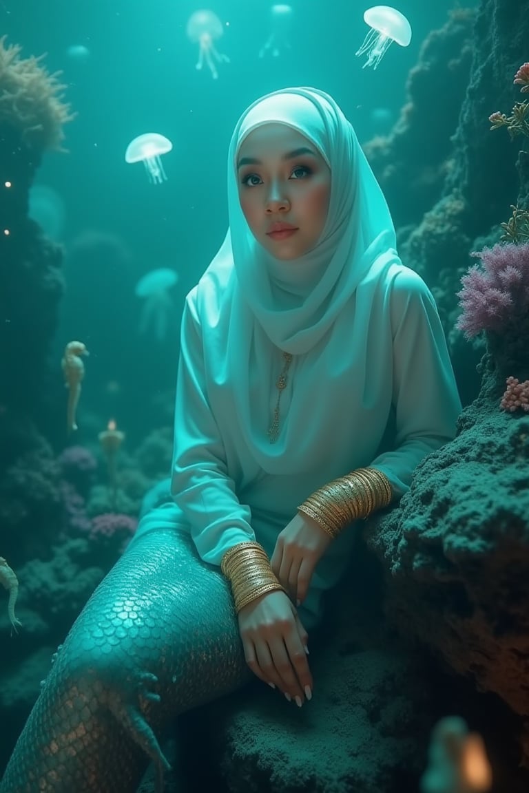 A mystical scene: In a dreamlike setting, an ethereal mermaid's translucent hijab undulates in the gentle underwater currents. Her pale skin glows softly from the bioluminescent creatures' pulsing rhythm. Her expressive eyes convey a mix of mystery and sorrow beneath a delicate glassy sheen. Lips slightly parted, as if a forgotten voice whispers secrets. Hands rest on jagged rock formations, sharp nails glistening like polished obsidian. Golden bracelets adorn ancient sea symbols, scales blending seamlessly with her long, slender tail fading into dark blues and purples. The vibrant coral reef teems with seahorses and shadowy fish amidst the ethereal bioluminescent jellyfish pulsing above. Soft greenish-blue shafts of light illuminate the detailed underwater environment, complete with floating particles and textures adding depth and realism.