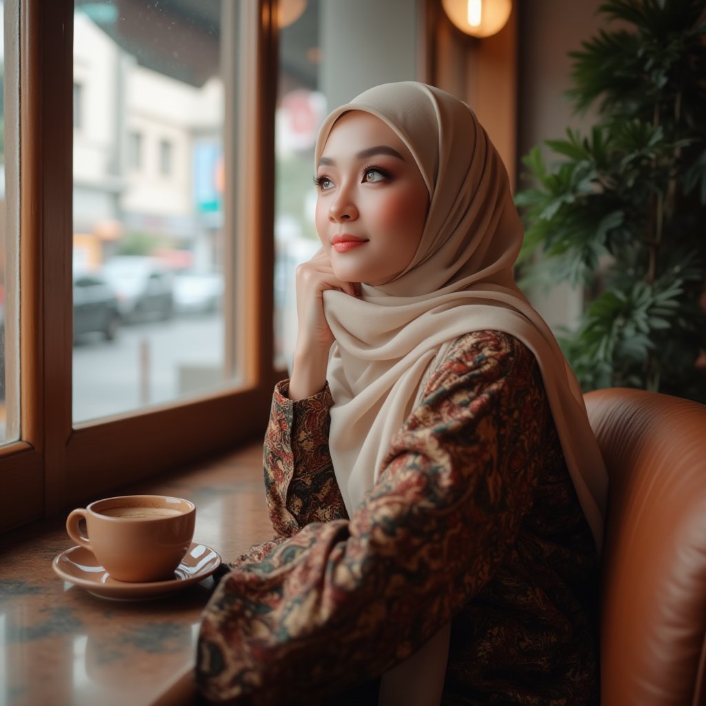 A stunning Muslim Malay woman sits elegantly in a cozy coffee cafe, surrounded by rich wood tones and soft lighting. She's dressed in exquisite traditional attire, her serene expression gazing thoughtfully out the window at the bustling cityscape or picturesque view beyond. Her cup of coffee rests delicately on the saucer as she savors the moment, embodying cultural charm and contemporary style.