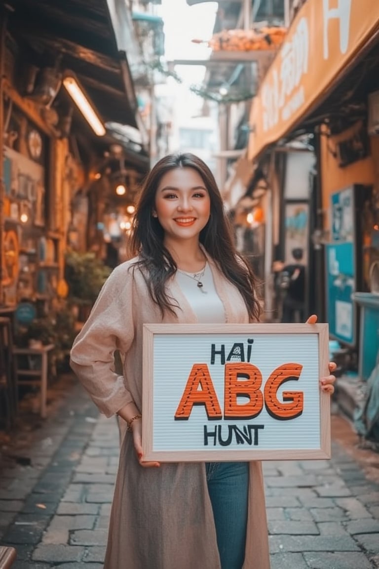 A vibrant shot of a Korean-looking woman holding a signboard with the text HAI ABG HUNT in playful, bold letters. She stands with a cheerful expression, one hand holding the board. The scene is set in a lively urban environment with colorful street art and bustling activity. The lighting is bright and dynamic, capturing the energy of the surroundings. The composition focuses on the woman and the signboard, with the text clearly visible.