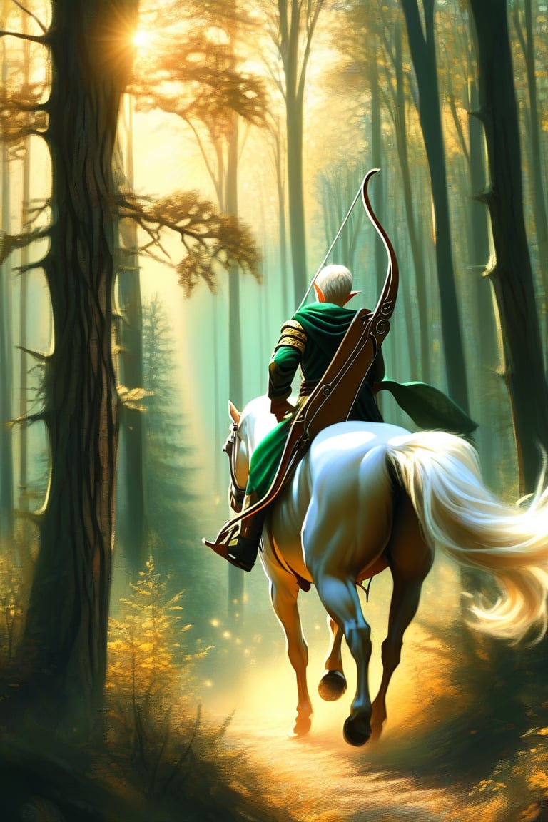 A handsome elf, dressed in green and gold, holds a bow and arrow while riding a majestic white horse through a dense forest. The scene is framed with the elf in the foreground, the horse's mane flowing in the wind, and sunlight filtering through the trees, casting a warm glow. The composition is dynamic, with the elf aiming the bow, ready to shoot, as the horse gallops gracefully through the forest path.