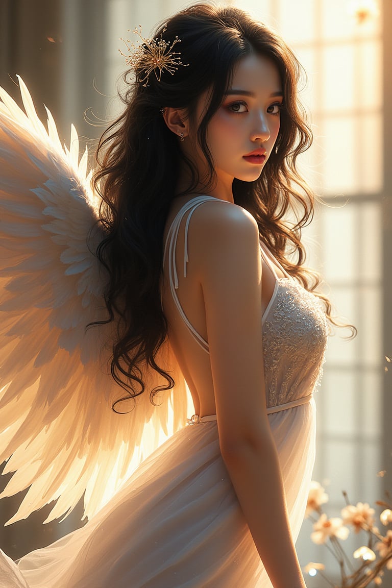 A digital painting in the Niji style, featuring a beautiful Asian woman with a cheeky expression, long black wavy hair, and delicate eyelashes. She has angelic wings, standing in a dynamic pose with one wing outstretched. The scene is softly lit, with a warm glow highlighting her features. The composition is balanced, capturing her playful yet ethereal presence.